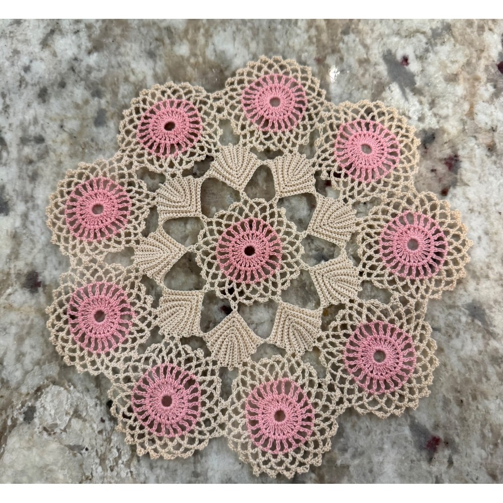 Vintage Handmade Crochet Doily Pink Cream Floral Wheel Lace Round 8.5 Inch